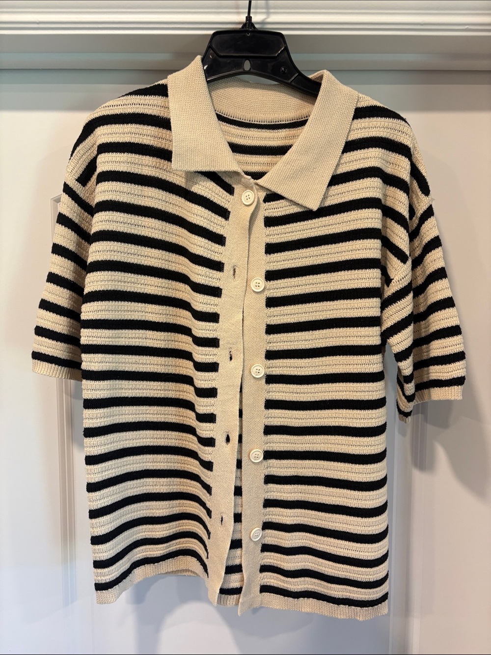 Striped Short-Sleeve Button Cardigan - Cream & Black